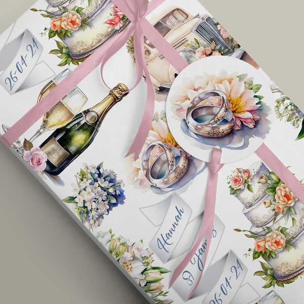 Personalized Wedding Luxury Wrapping Paper with Gift Tag , Optional CardCustomised Bride Groom Date of Marriage Wedding Present, Rings, Cake