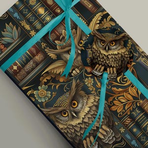 Charming Owl and Books Shelf Illustration Gift Wrap Dark Academia, Spooky Witchy Bookish Vibe