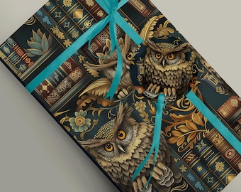 Charming Owl and Books Shelf Illustration Gift Wrap Dark Academia, Spooky Witchy Bookish Vibe 100gsm Gift