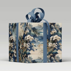 Elegant Oriental Blue and Grey Chinoiserie Wrapping Paper for Luxurious Gift Packaging image 3