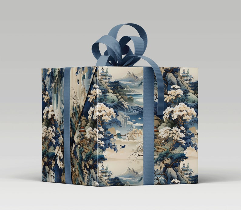Elegant Oriental Blue and Grey Chinoiserie Wrapping Paper for Luxurious Gift Packaging image 3