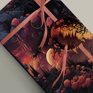 Wrapping paper with a surreal flower, tree and cloud image, wrapping a gift with a dusky pink ribbon.