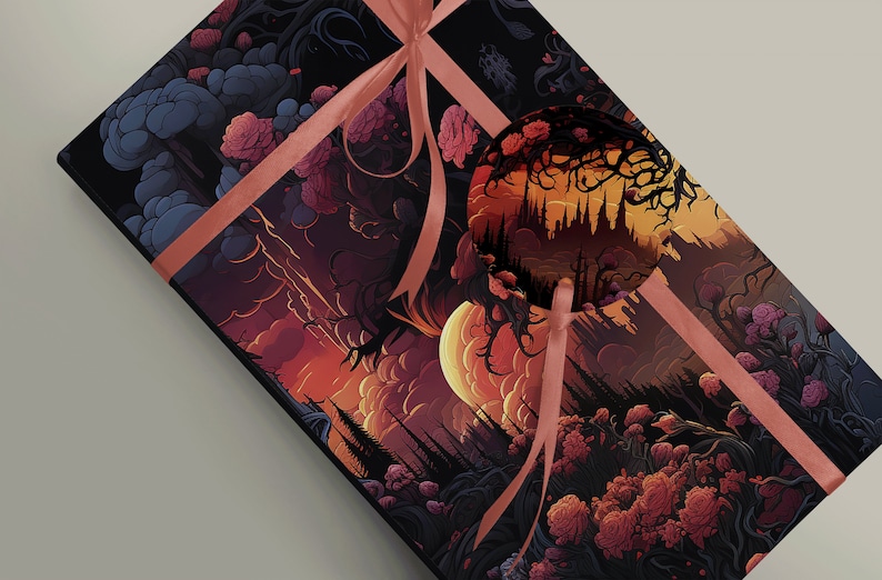 Wrapping paper with a surreal flower, tree and cloud image, wrapping a gift with a dusky pink ribbon.