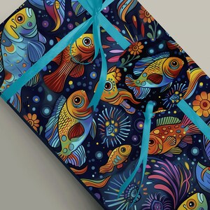 May include: A colourful wrapping paper design featuring a repeating pattern of stylised fish with bright colours and intricate details on a dark blue background.