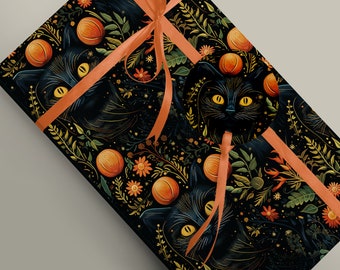 Handcrafted Autumn-Inspired Black Cat Wrapping Paper - Unique and Festive, Witchcraft, Cottagecore Gift Wrap Paper 100gsm