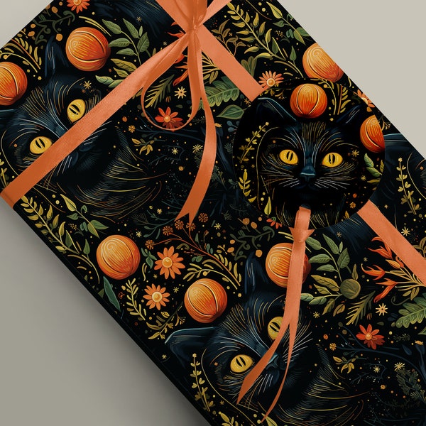 Handcrafted Autumn-Inspired Black Cat Wrapping Paper - Unique and Festive, Witchcraft, Cottagecore Gift Wrap Paper 100gsm