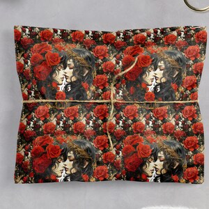May include: A repeating pattern of red roses and two women with dark hair kissing. The background is black with a subtle floral pattern.