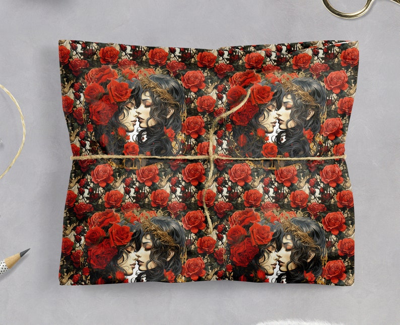 May include: A repeating pattern of red roses and two women with dark hair kissing. The background is black with a subtle floral pattern.