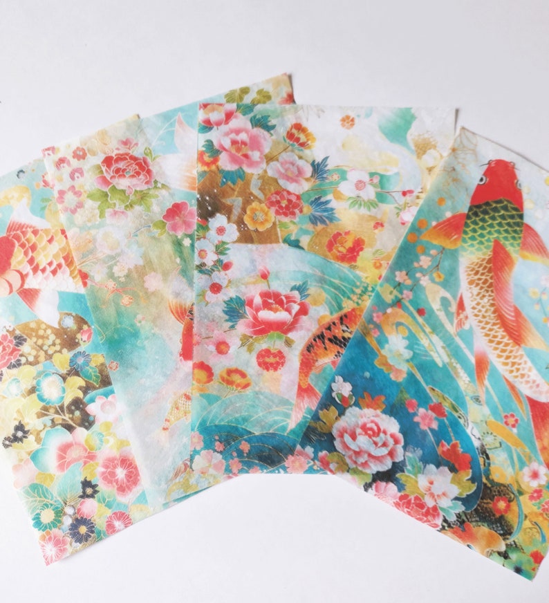 Decoupage tissue paper featuring koi and flowers in a chinese style