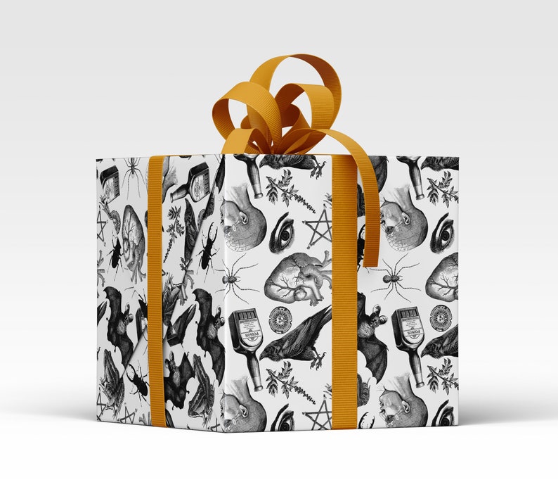 Monochrome witch craft artwork on wrapping paper, a box with an orange ribbon