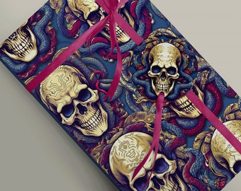Papel de regalo de lujo con calaveras y serpientes para una decoración gótica única. Impresión artística. Papel de regalo de 100 g/m².