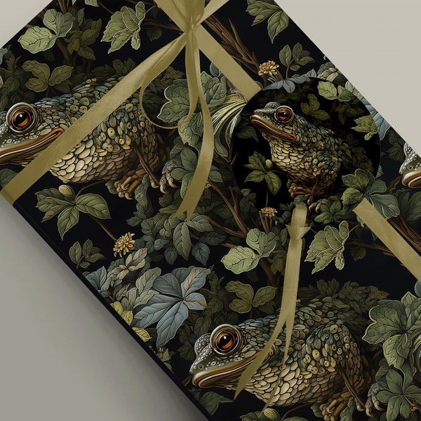 Frogs or toads hidden in foliage, Forest Wrapping Paper, Mythology Witchcraft, Fantasy Wedding or Birthday Gift Wrap Paper 100gsm