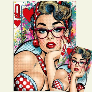May include: Pop art style illustration of a woman wearing red glasses, a polka dot bikini, and a red headband. The image features the Queen of Hearts playing card and a colourful splatter background. The woman is holding the Queen of Hearts card.