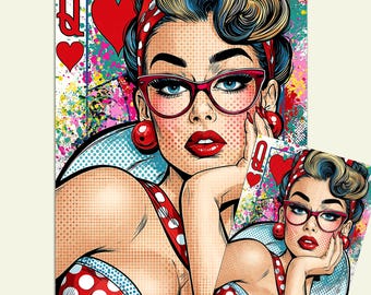 Queen of Hearts Halftone Pop Art Decoupage Tissue Paper Print
