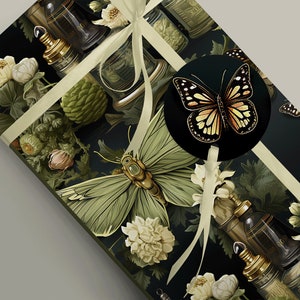 May include: A black and green wrapping paper with a repeating pattern of butterflies, flowers, and glass bottles. The paper is tied with a white ribbon and has a round sticker with a butterfly on it.