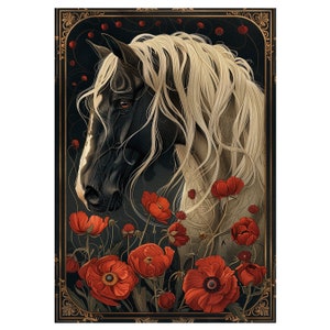 Cheval noir pour découpage fait main avec crinière blonde et fleurs Papier artisanal : papier de soie véritable 19 g/m² Fourniture créative unique, fabrication de cadeau