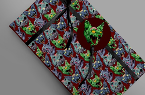 Gift Wrapping Paper with Zombie Cats, Gothic Scary Horror Cat Lover Birthday Present Idea 100gsm Matte Paper, Cosplay, Halloween,
