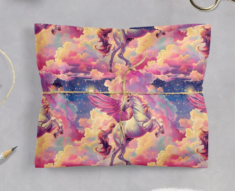 Magical White Flying Unicorn Gift Wrap with Rainbow Clouds and Stars Fantasy Wedding or Birthday Decorative Gift Wrap Paper 100gsm bild 10