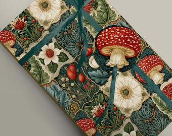 Folk Art Winter Wrapping Paper, Botanical Christmas Gift Wrap, Floral Conifer Mushroom, Cottagecore Holiday