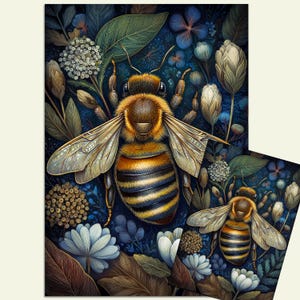 May include: A detailed illustration of a bee with a yellow and black striped abdomen, surrounded by flowers and foliage in shades of blue, white, and brown. The bee has detailed wings and is the focal point of the artwork.
