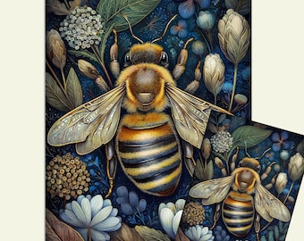 Busy Bee in the Moonlight Floral Tissue Paper or Rice Paper Decoupage, Junk Journal, Scrapbooking