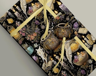 Papier cadeau élégant sur le thème de l'alchimie pour des cadeaux magiques - Crânes, bougies et lampes à potions - Papier cadeau d'Halloween 95 g/m²