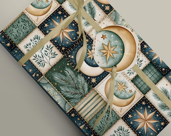 Celestial-Themed Navy Blue & Cream Patchwork Gift Wrap with Green Leaves, Conifer Branches