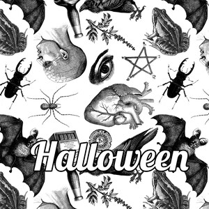 Monochrome witch craft artwork on wrapping paper with the word 'Halloween'