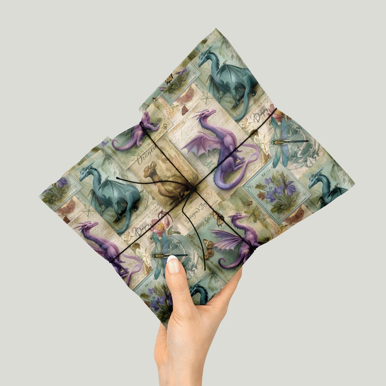 May include: A wrapped gift held in a hand, with a repeating pattern of dragons in purple, blue, and brown on a vintage background. The gift is tied with black twine.
