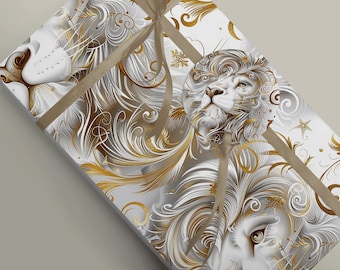 White and Gold Leo Luxury Gift Wrapping Paper Birthday Astrology, Zodiac August September Horoscope, Leo the Lion Artwork 100gsm Luxury