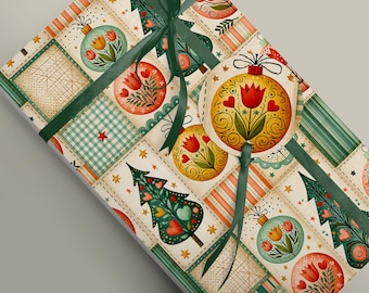 Folk Art Christmas Wrapping Paper | Gingham Squares Trees & Baubles | Patchwork Gift Wrap | Festive Holiday Paper
