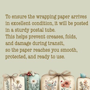 May include: A light green background with brown text stating: To ensure the wrapping paper arrives in excellent condition, it will be posted in a sturdy postal tube. This helps prevent creases, folds, and damage during transit, so the paper reaches you smooth, protected, and ready to use. Below are four gift boxes with floral designs.