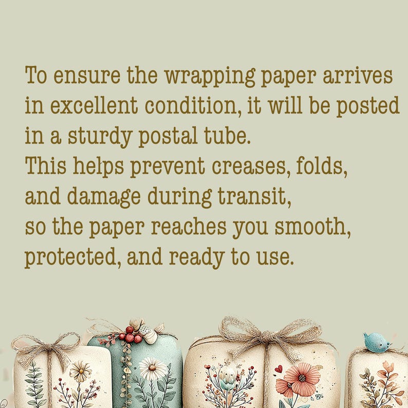 May include: A light green background with brown text stating: To ensure the wrapping paper arrives in excellent condition, it will be posted in a sturdy postal tube. This helps prevent creases, folds, and damage during transit, so the paper reaches you smooth, protected, and ready to use. Below are four gift boxes with floral designs.