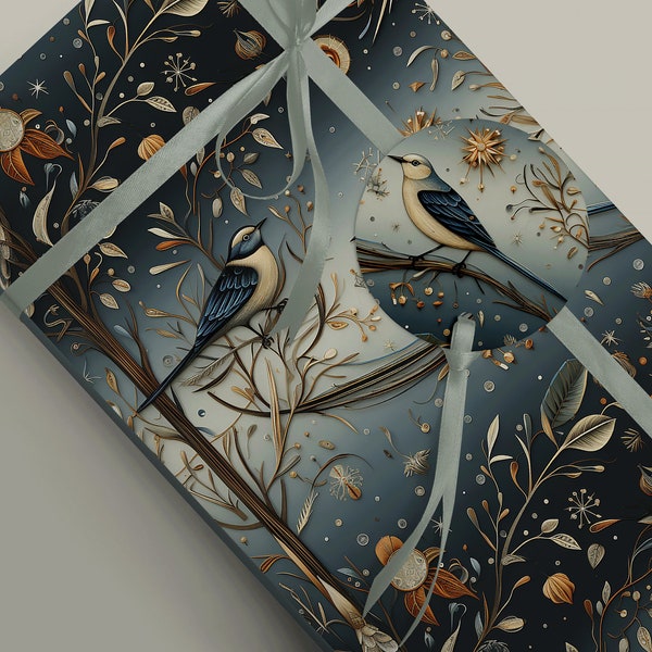 Nature-inspired Winter Birds and Trees Wrapping Paper - Eco-friendly Cottagecore Gift Wrap Paper 100gsm