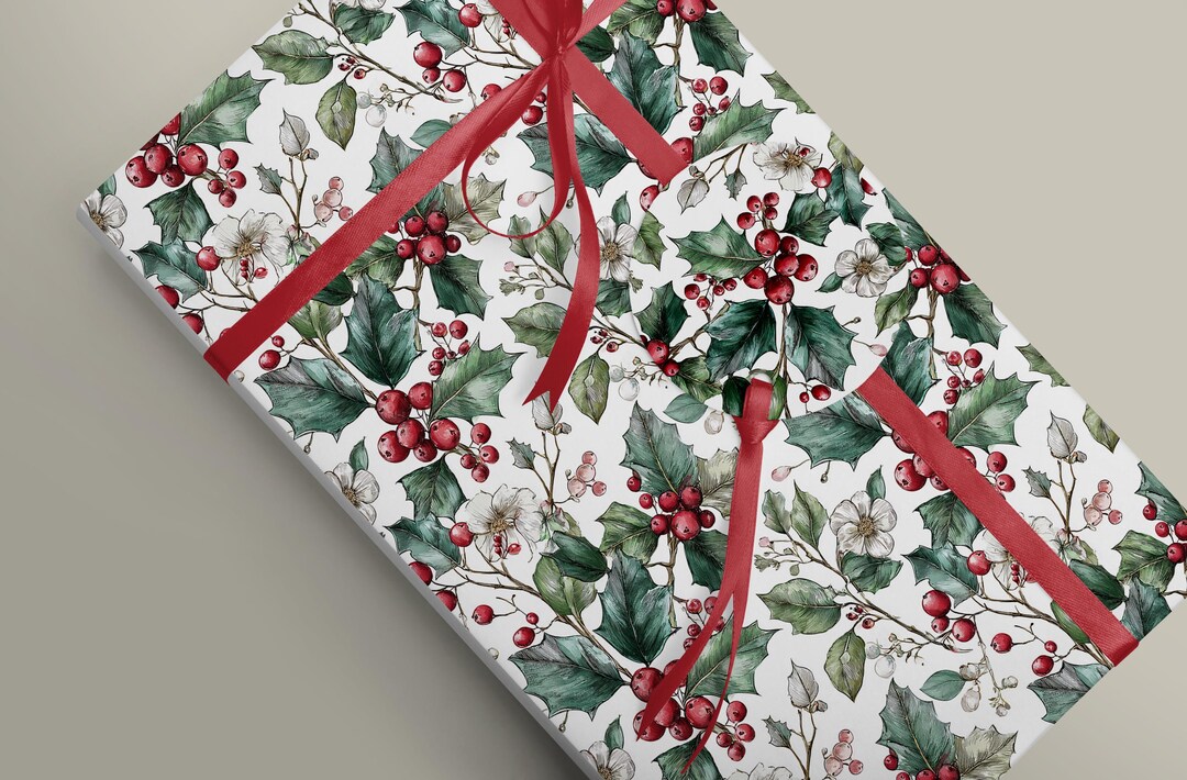 Festive Christmas Wrapping Paper With Holly and Berry Design - Etsy