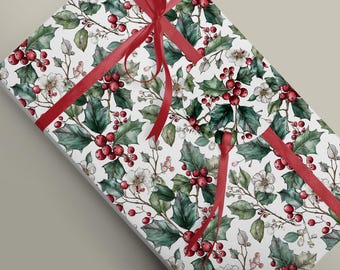 Festive Christmas Wrapping Paper with Holly and Berry Design