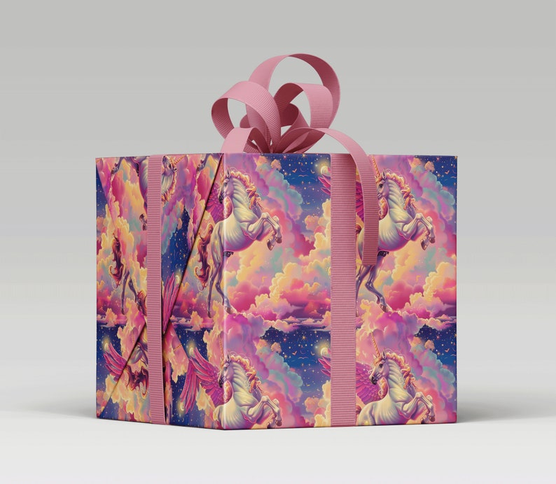 Magical White Flying Unicorn Gift Wrap with Rainbow Clouds and Stars around a parcel with pink ribbon
