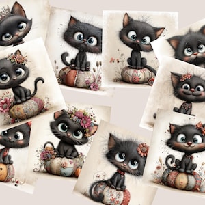 May include: A selection of art prints showcasing charming black cats. Each cat has large eyes and sits on a decorative pumpkin, with floral decorations or crowns. The prints have a vintage, storybook style, with a soft, muted colour palette.