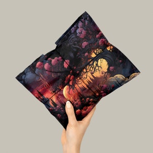 Wrapping paper with a surreal flower, tree and cloud image, wrapping a gift with black string held in one hand