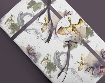 Gothic Dragons Wrapping Paper, Mythology Gold Dragon Head, Fantasy Wedding Gift Wrap Paper 100gsm