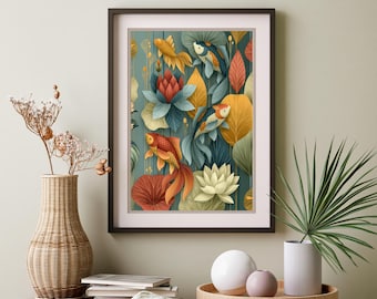 Koi and Lotus Flower Minimalist Wall Art, Oriental Decor
