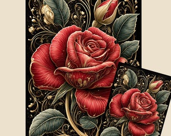 Gothic Noir Art Nouveau Deep Red Roses Tissue & Rice Paper | Vintage Floral Decoupage Paper | A3 A4 A5