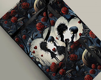 May include: A black and white illustration of three women with long black hair standing in front of a heart-shaped background. The background is filled with red roses and black vines. The women are wearing black dresses and have red roses in their hair.