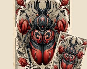 Art Nouveau Red and Black Beetle Decoupage Tissue, Rice paper, A3, A4 or A5