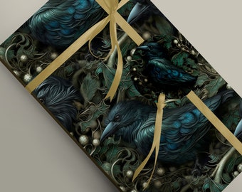 Gothic ravens hidden in foliage Wrapping Paper, Mythology Witchcraft, Fantasy Wedding or Birthday Gift Wrap Paper 100gsm