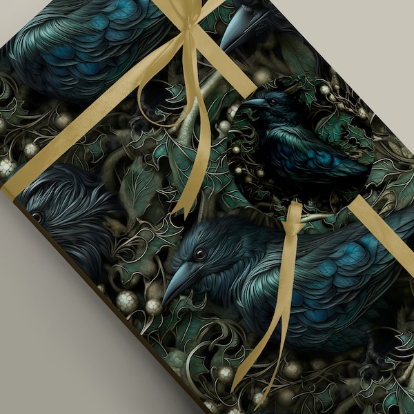 Gothic ravens hidden in foliage Wrapping Paper, Mythology Witchcraft, Fantasy Wedding or Birthday Gift Wrap Paper 100gsm