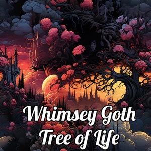 May include: A whimsical gothic illustration of a tree of life with dark branches, pink flowers, and a castle in the background. The sky is a vibrant orange and yellow.