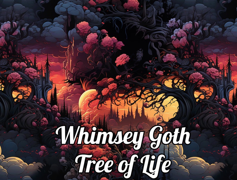 May include: A whimsical gothic illustration of a tree of life with dark branches, pink flowers, and a castle in the background. The sky is a vibrant orange and yellow.