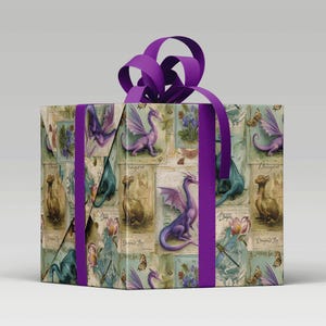 Vintage Style Dragon Wrapping Paper with a gift tag and deep purple ribbon.