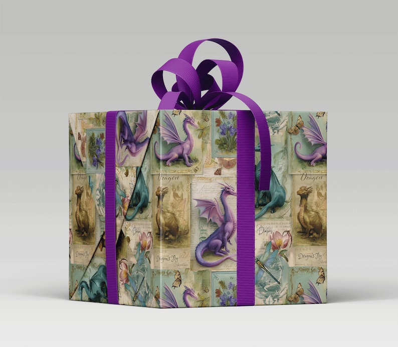 Vintage Style Dragon Wrapping Paper with a gift tag and deep purple ribbon.